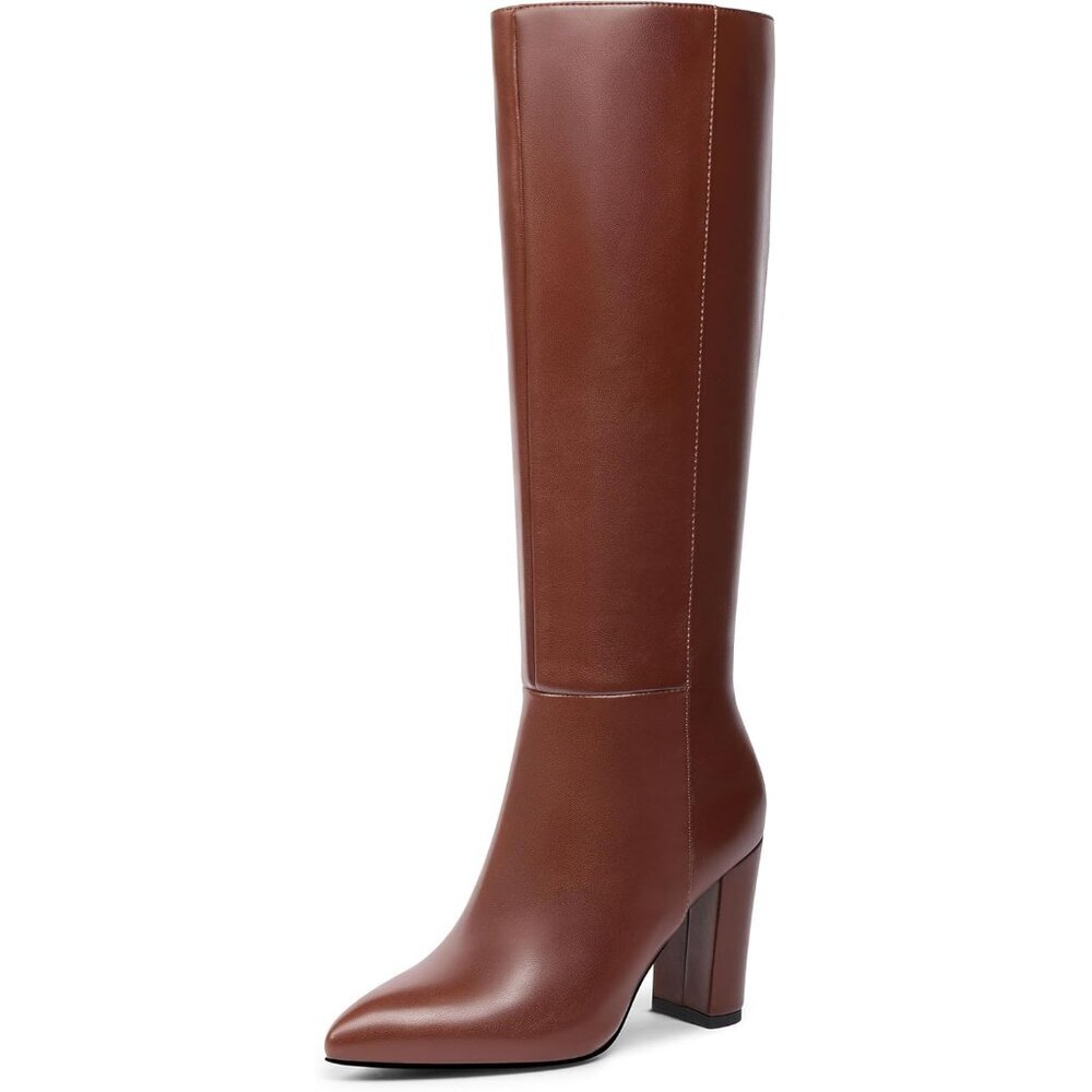 Women's Brown Classic Chunky Heel Pointed Toe High Heel Side Zipper Tall Boots